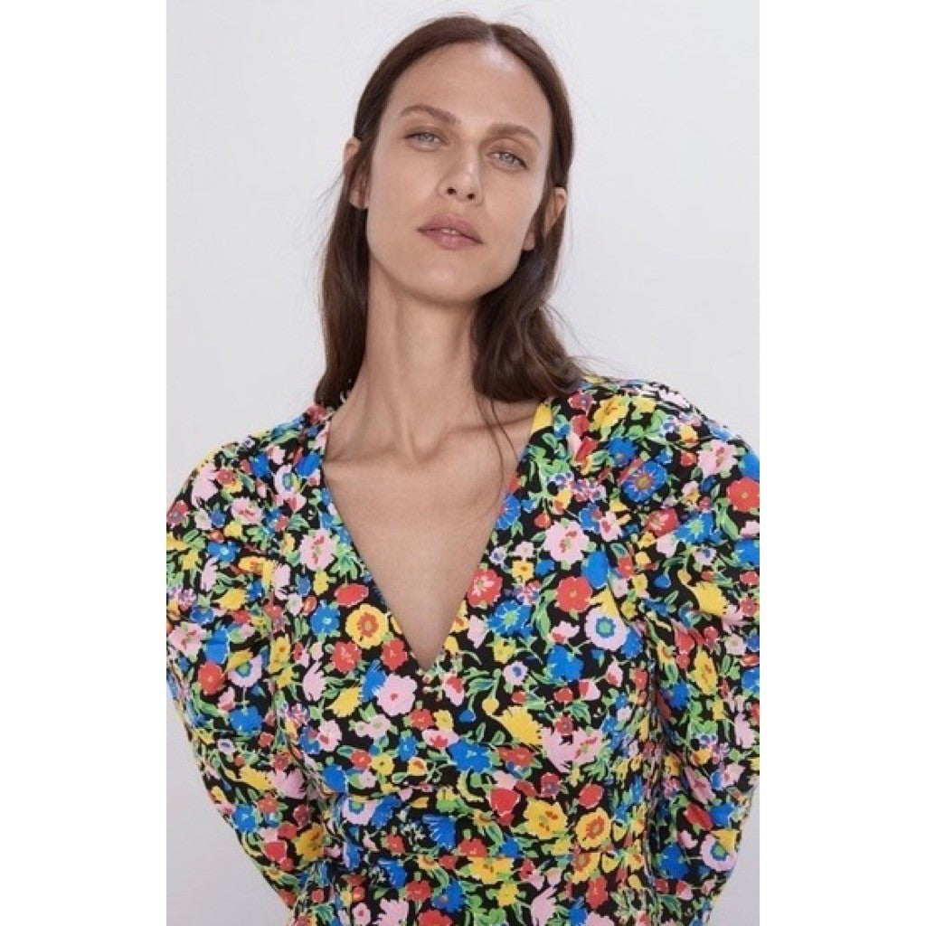 ZARA Bright Floral Mini Dress Statement Puffed Sleeves Spring Summer Black Small
