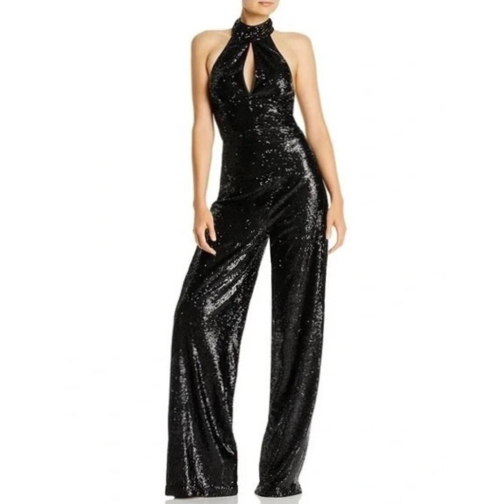 CINQ A SEPT Shelby Black Sequin Jumpsuit Halter Neck Party Cocktail Size 4