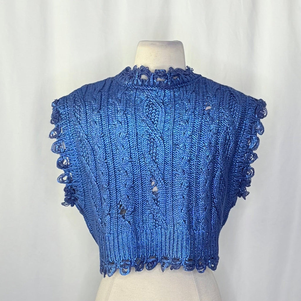 ZARA Metallic Blue Cropped Sweater Cableknit Distressed Cable Knit Crop Small