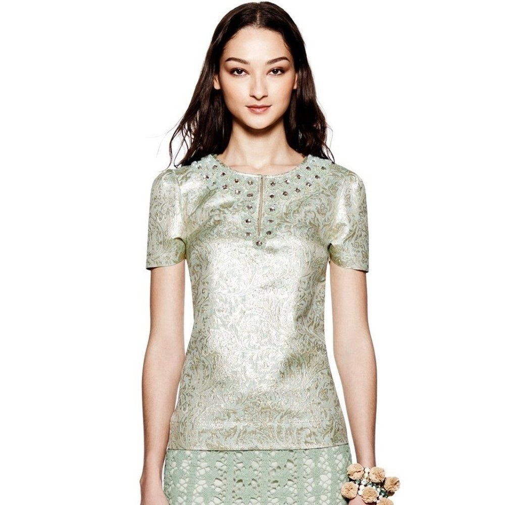 TORY BURCH Lola Top Blouse Aqua Glass Embellished Silk Brocade Floral Size 4