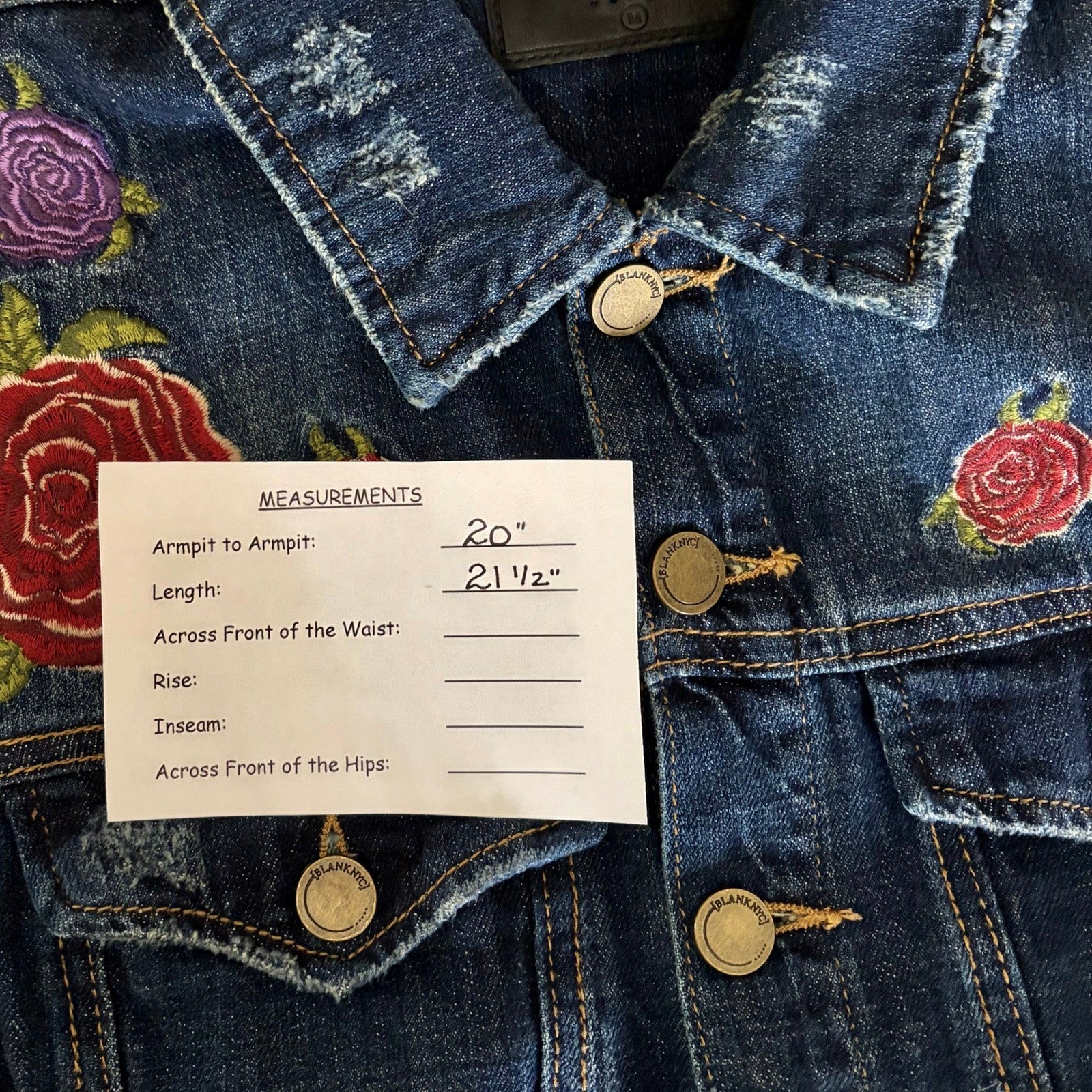 BLANK NYC Floral Embroidered Denim Jean Jacket Distressed Pockets Buttons Medium