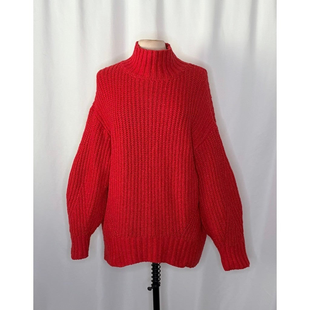 Anthropologie MAEVE Solid Red Shaker Knit Sweater Mockneck Pullover Fleck Medium