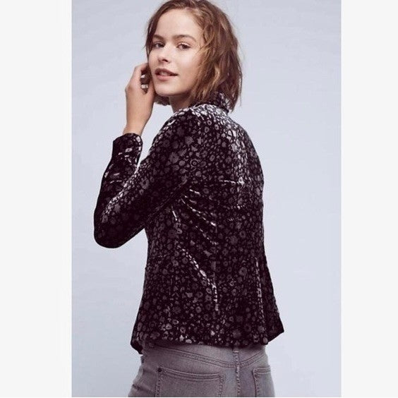 Anthropologie ELEVENSES Lumi Velvet Blazer Jacket Floral Black Silver Size 2