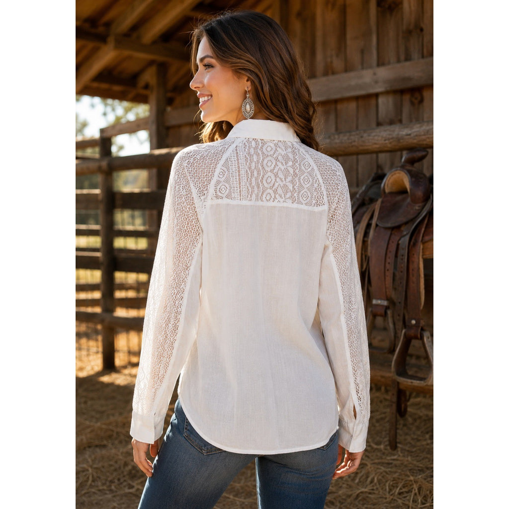 Anthropologie HOLDING HORSES White Lace Sleeve Buttondown Shirt Top Lacey Small