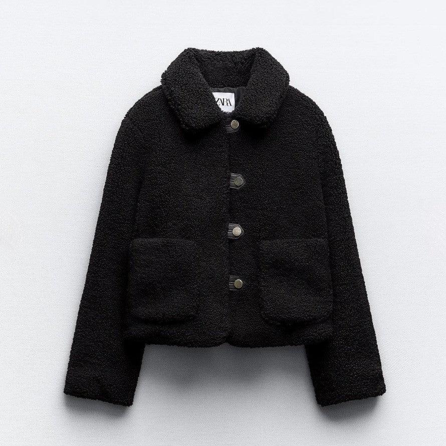 ZARA Black Sherpa Fuzzy Fleece Teddy Coat Faux Shearling Snaps Pockets Small