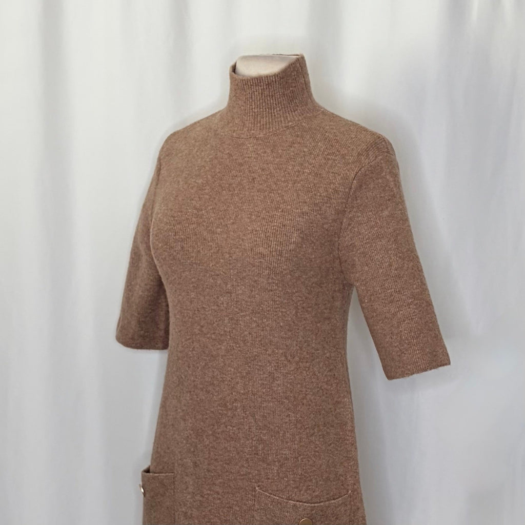ZARA Chic Mock Neck A-Line Dress Pockets Brown Wool Preppy Mockneck Knit Small
