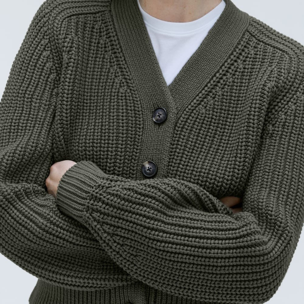 EVERLANE The Texture Cotton Cardigan Sweater Raglan Kambaba Green Knitwear Small