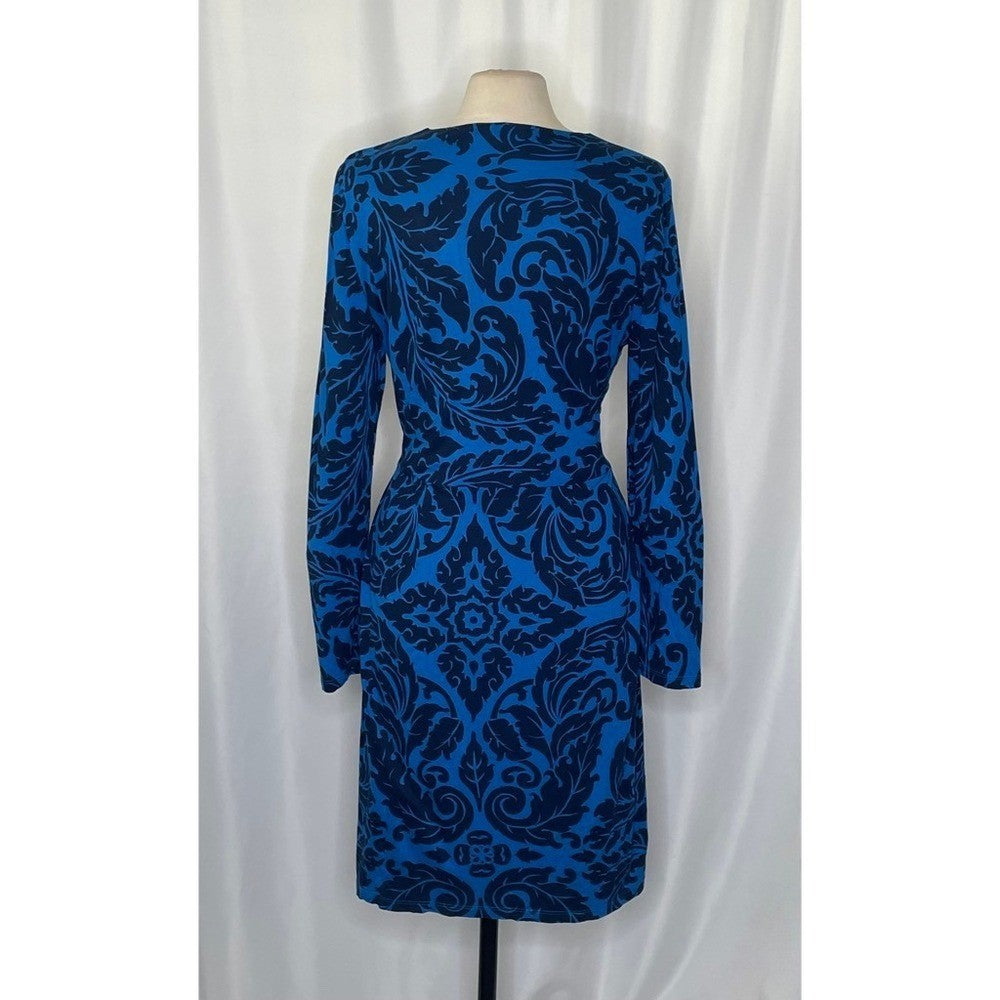 BODEN Henrietta Faux Wrap Day Dress Navy Royal Blue Scroll Print Size 12