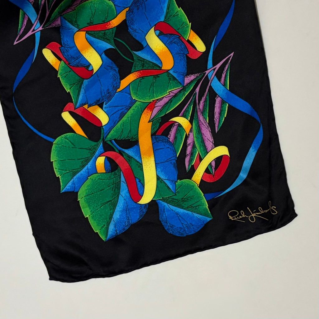 Vintage RUSH LIMBAUGH Aspen Leaves Colorful Rectangular Silk Scarf Black Floral