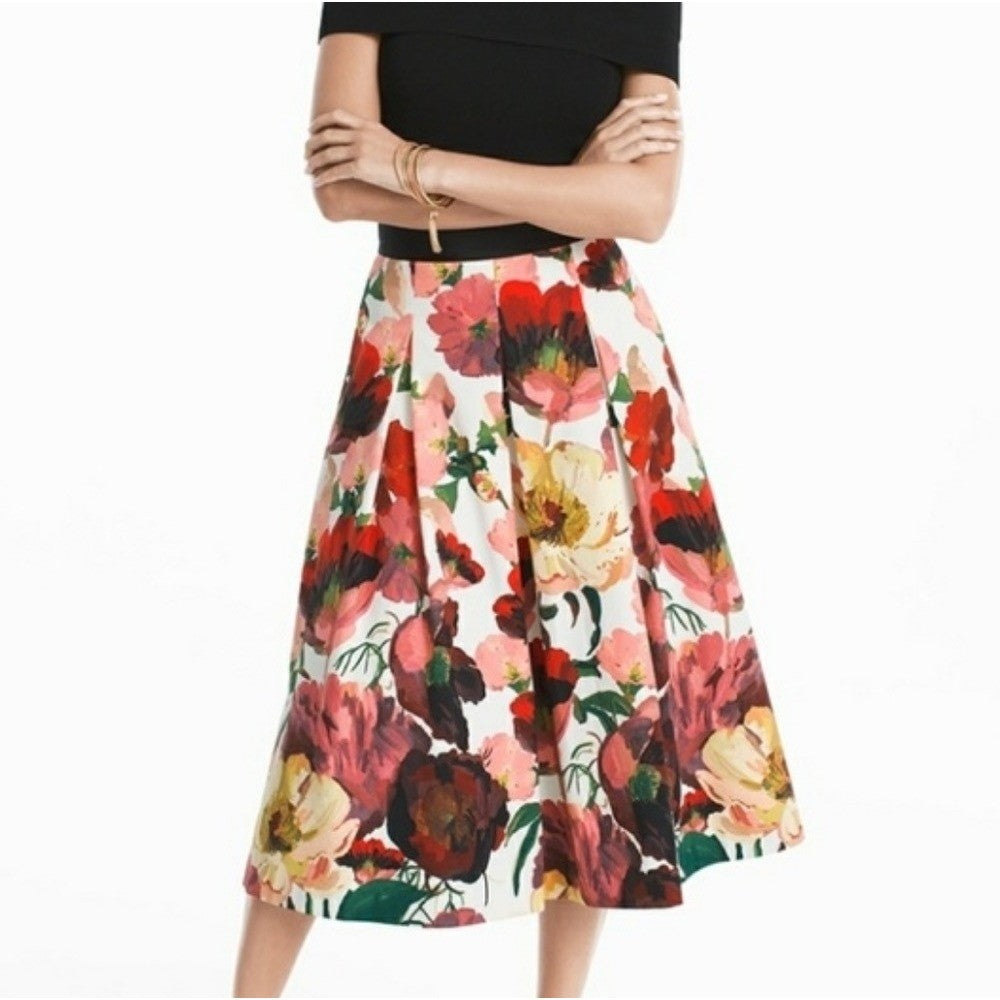 WHBM Floral Midi Skirt Pleated White House Black Market Poppy Poppies Size 6