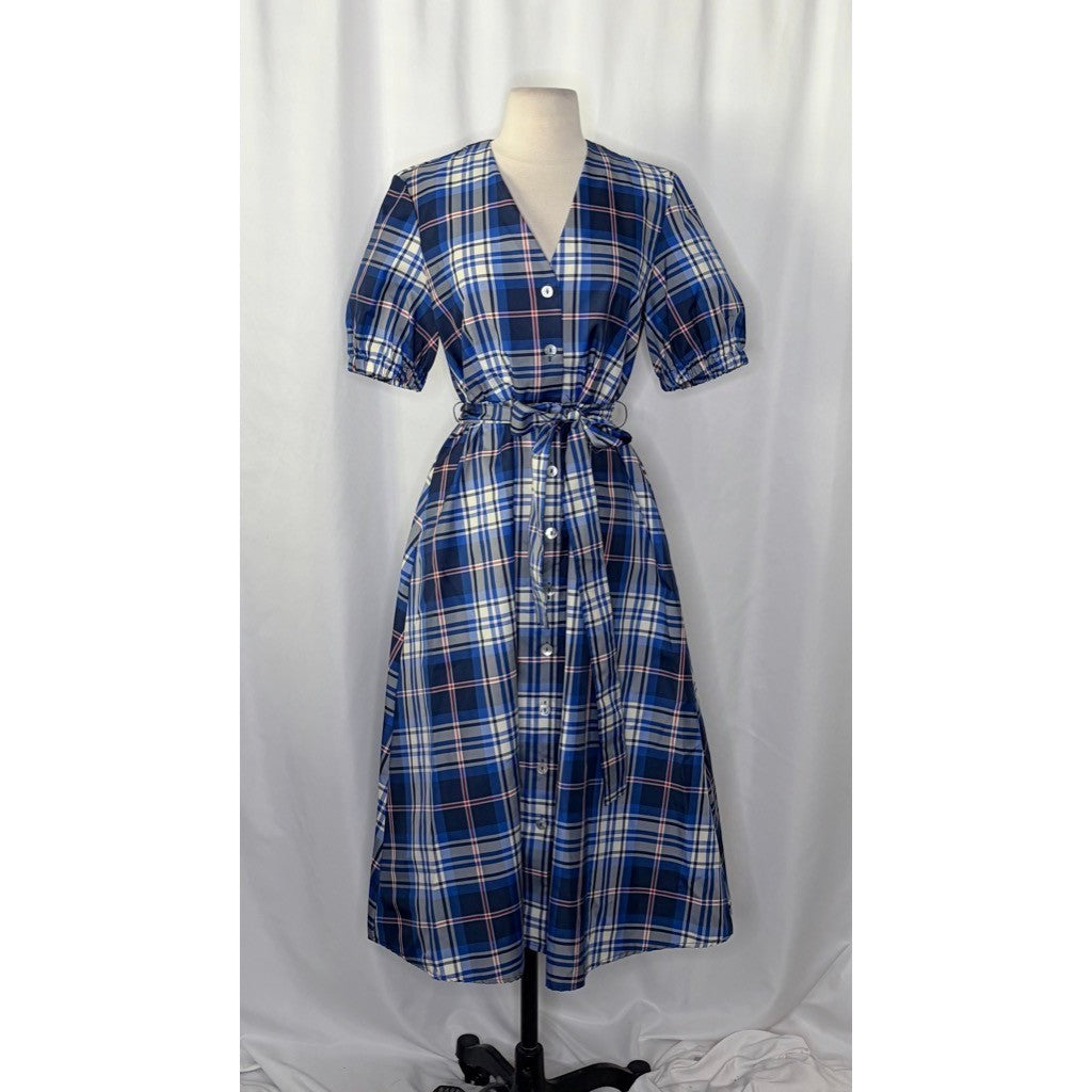 ZARA Blue Plaid Taffeta Dress Belted Tie Waist Midi Buttondown Preppy Small
