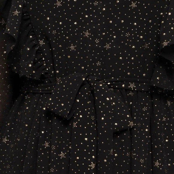 BY THE RIVER Chiffon Midi Dress Ruffled Black Gold Stars Party Glam Star Small