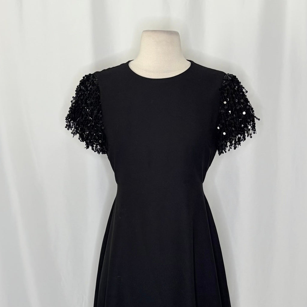 KATE SPADE Sequin Fringe Swing Dress Solid Black Party Glam Embellished Size 2