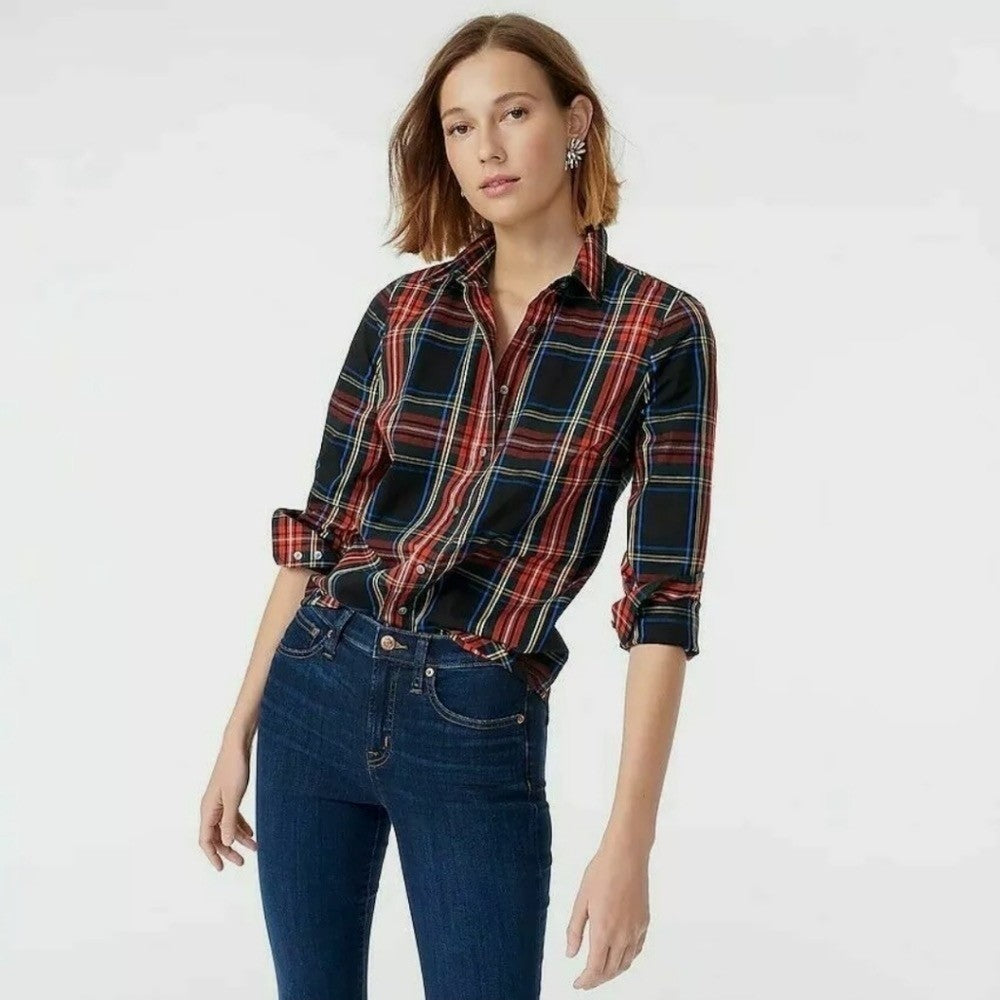 J. CREW Slim Stretch Perfect Shirt Top Black Stewart Tartan Plaid Buttons Size 4