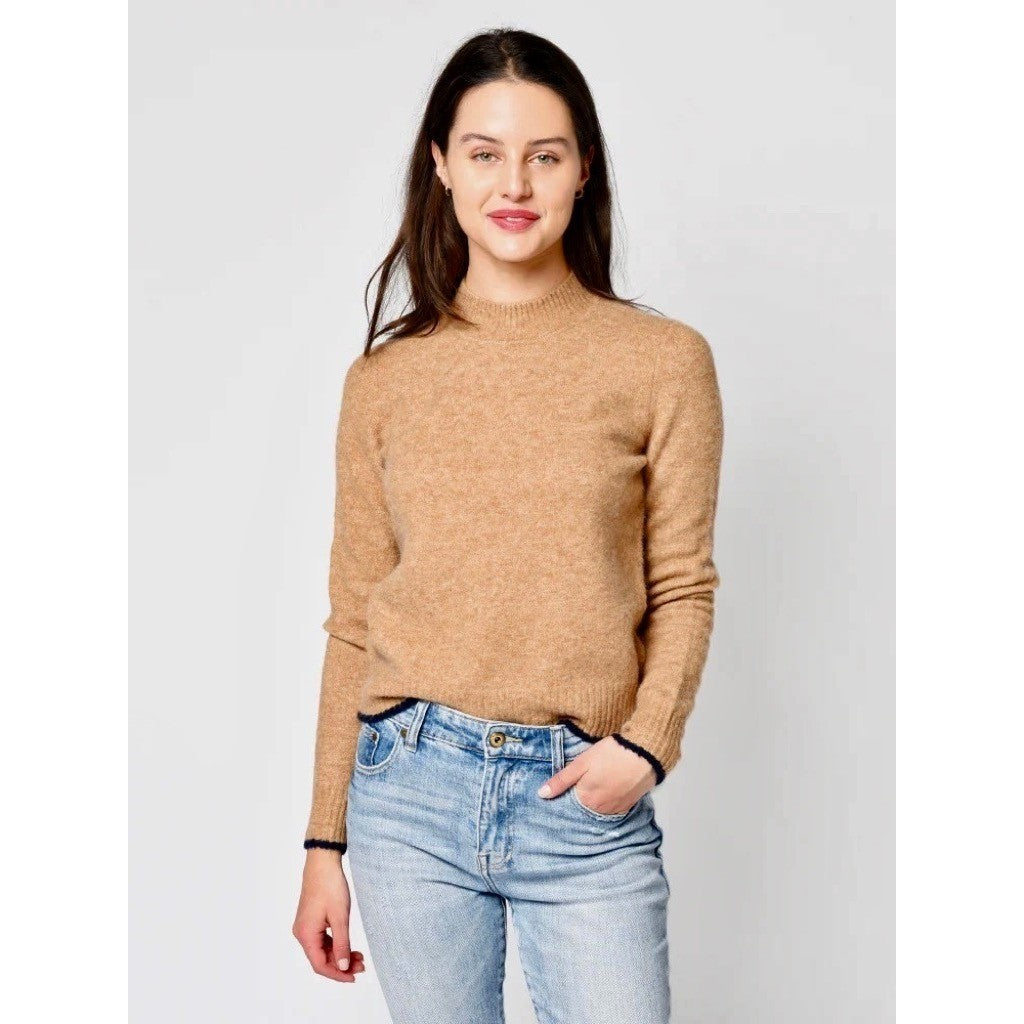 VINCE Contrast Tip Wool Alpaca Pullover Sweater Camel Brown Navy Blue Medium