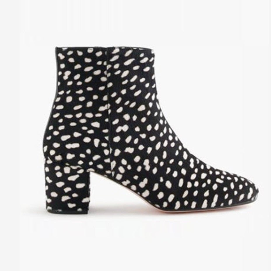 J. CREW Side Zip Ankle Boots Leopard Calf Hair Leather Spotted Zippers Size 8.5