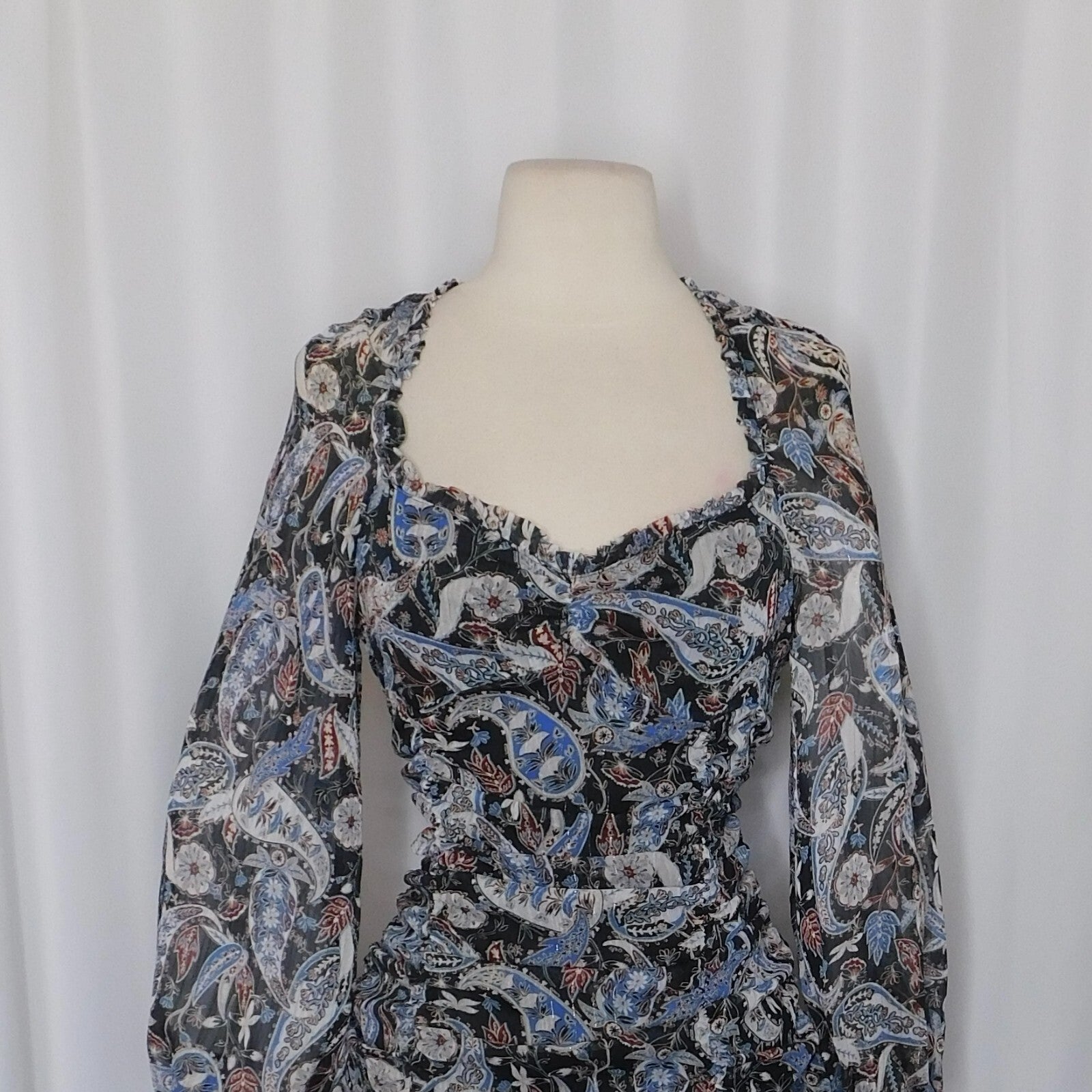 ZARA Paisley Floral Ruched Dress Ruffled Mini Metallic Party Cocktails Small