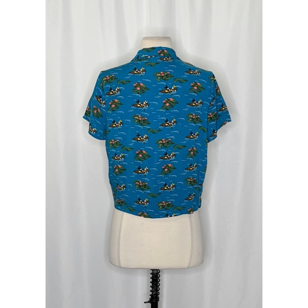 DISNEY Mickey Mouse Minnie Mouse Cropped Tie Waist Buttondown Shirt Blue Small