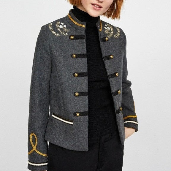 NWT!! ZARA Embroidered Military Jacket Charcoal Gray Gold Braid Buttons Large
