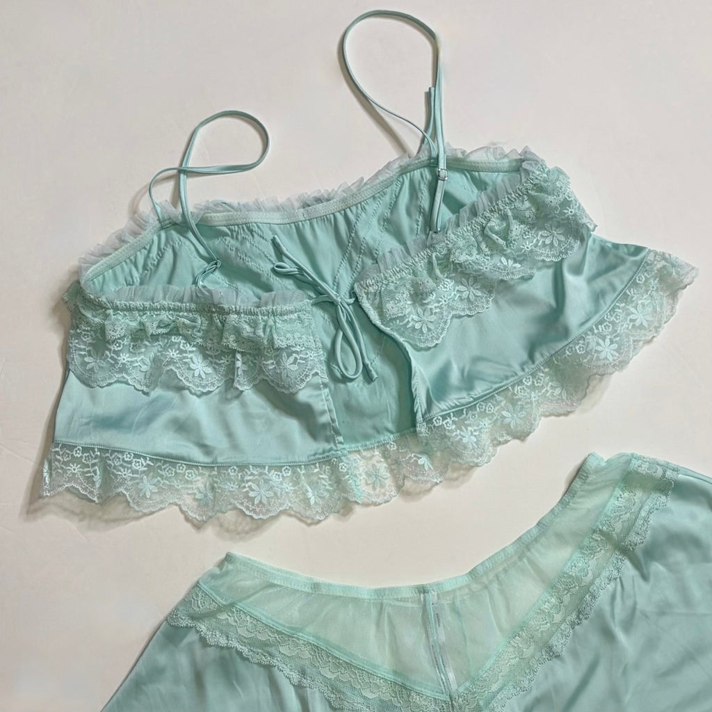 ANTHROPOLOGIE Two Piece Set Crop Lace Ruffle Cami Short Mint Green Lacey Medium