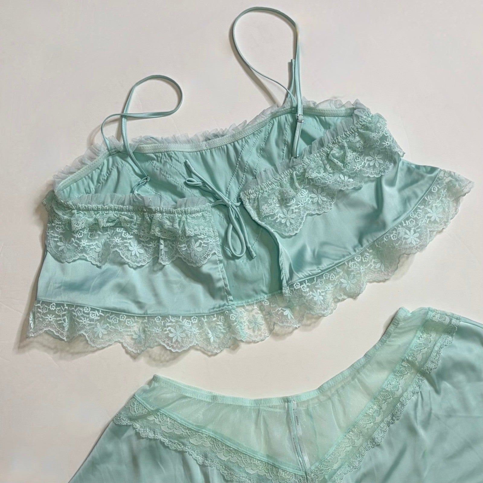 ANTHROPOLOGIE Two Piece Set Crop Lace Ruffle Cami Short Mint Green Lacey Medium
