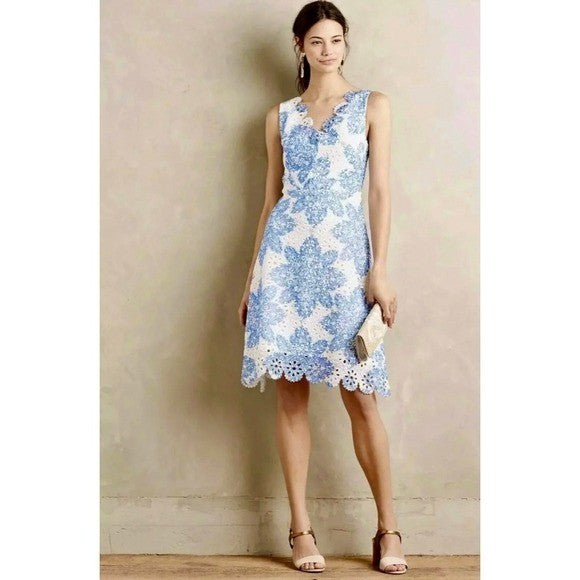 Anthropologie EVA FRANCO Starflower Scalloped Dress Blue White Lace Size 4
