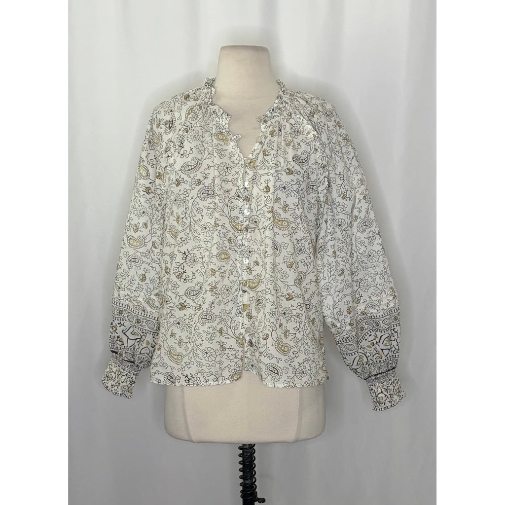 CLEOBELLA Ivy Blouse Woodblock Floral Paisley Print Top Smocked Ruffled Small