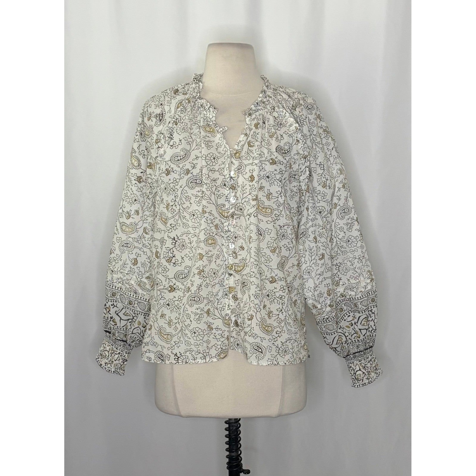 CLEOBELLA Ivy Blouse Woodblock Floral Paisley Print Top Smocked Ruffled Small