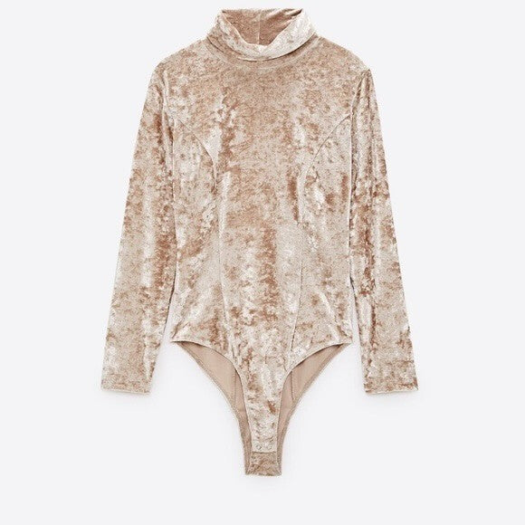 ZARA Velvet High Neck Bodysuit Top Champagne Ecru Fitted Snaps Party X-Small