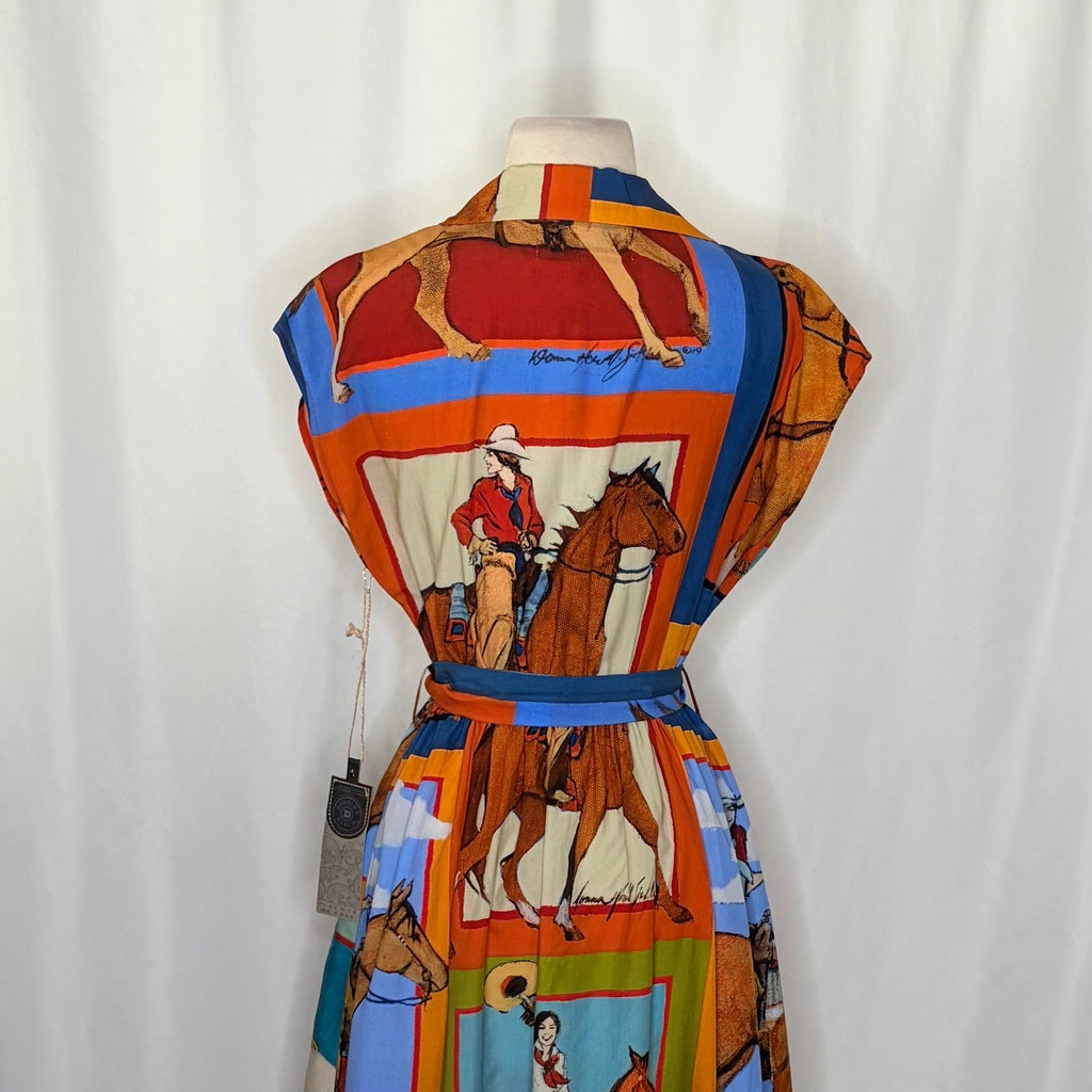NWT!! DOUBLE D RANCH Women Of The Range Dress Western Horses Midi Bright X-Small