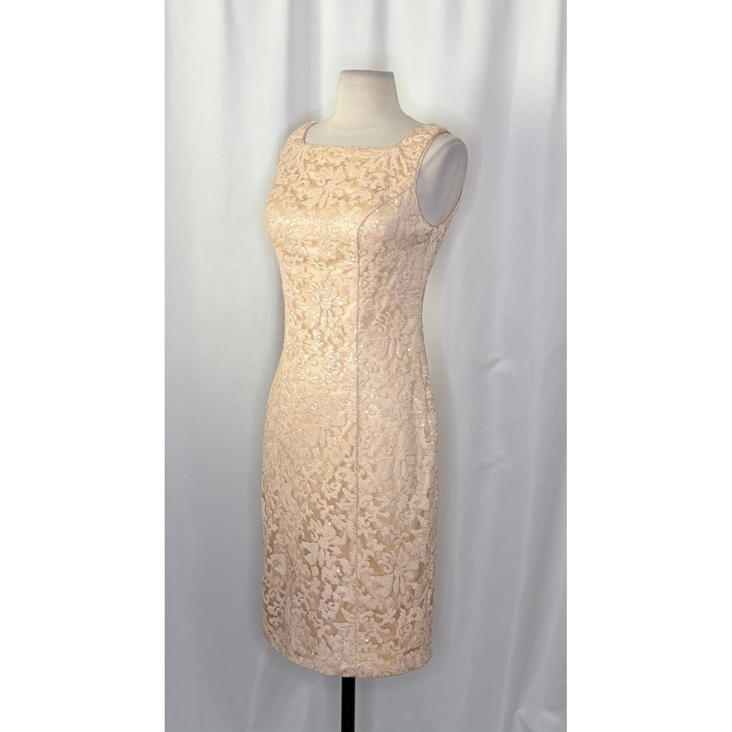 SUE WONG Nocturne Champagne Sequin Sleeveless Party Cocktail Sheath Dress Size 4