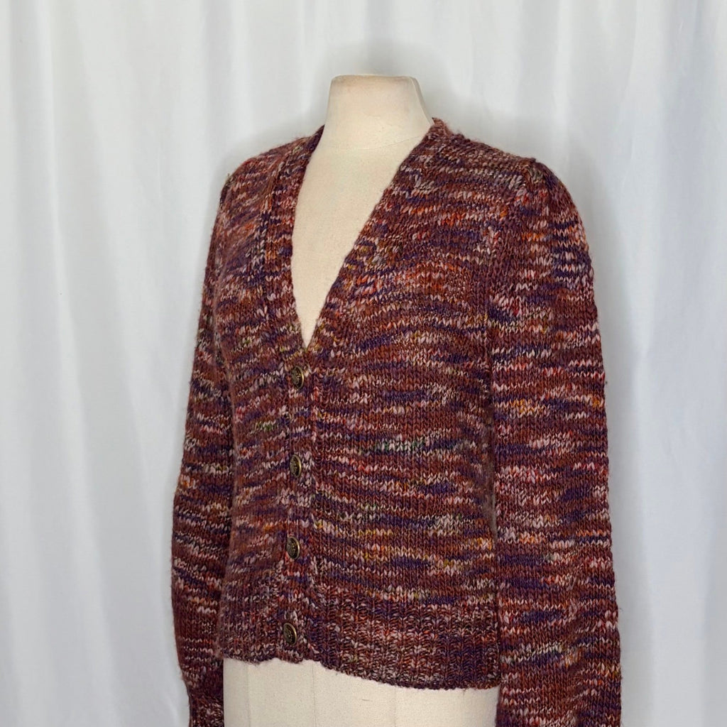 VERONICA BEARD Amosa Wool Cardigan Sweater Marled Puff Sleeves Burgundy Large