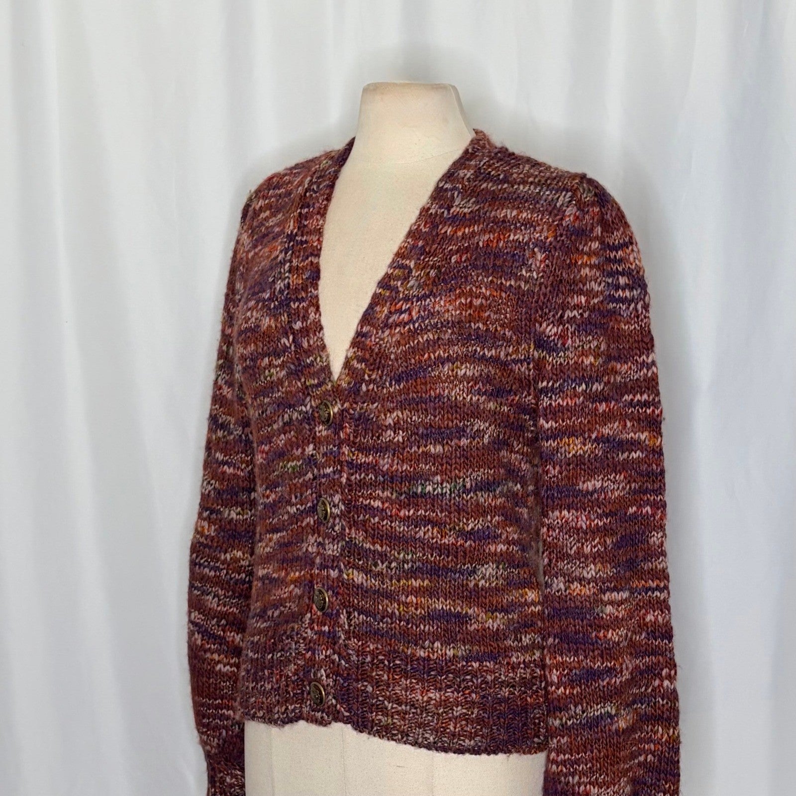 VERONICA BEARD Amosa Wool Cardigan Sweater Marled Puff Sleeves Burgundy Large