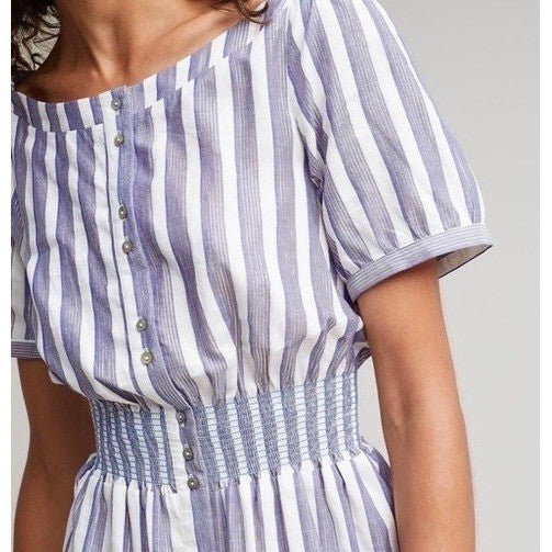 Anthropologie SEEN WORN KEPT Jenna Lurex Stripe Dress Blue White Midi Size 12