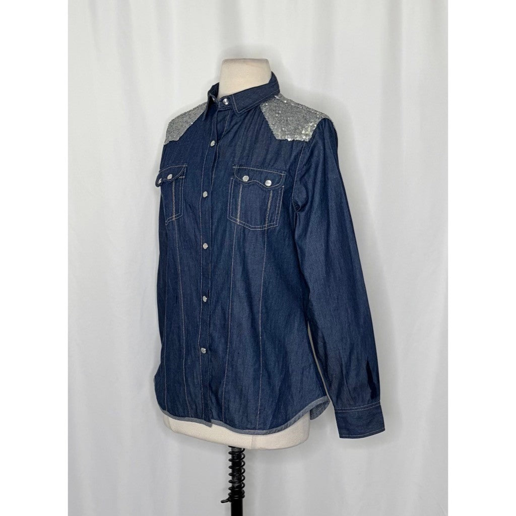 TASHA POLUZZI Roxy Denim Sequin Embellished Snap Front Shirt Western Rodeo Small