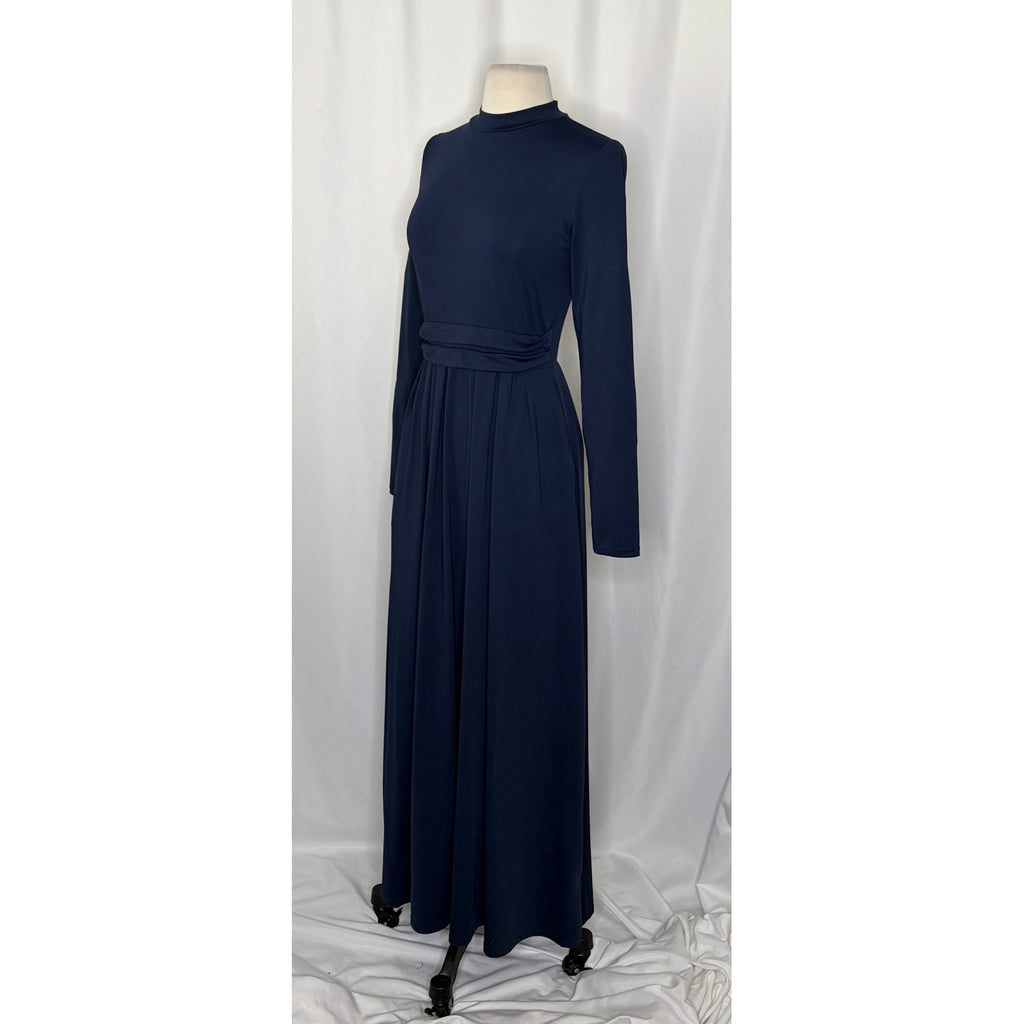 HALARA Navy Blue Mock Neck Long Sleeve Pocket Flare Maxi Casual Dress Knit XS