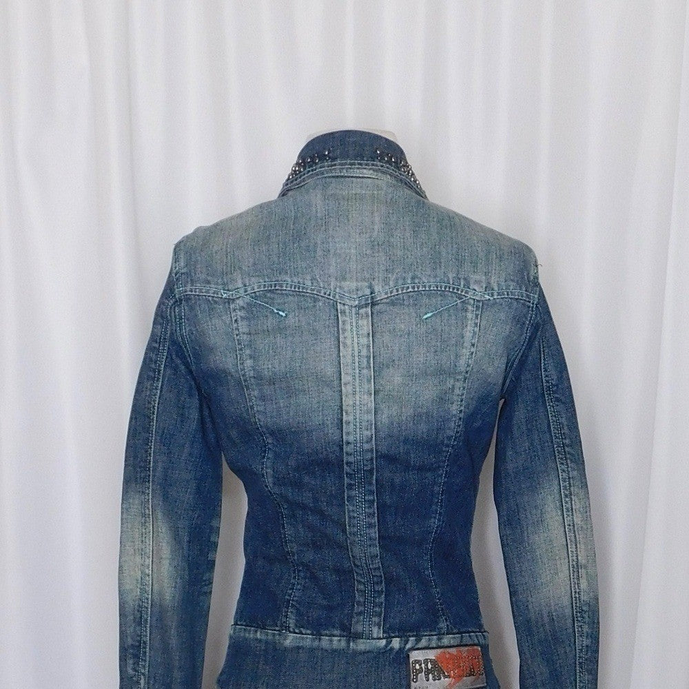 PARASUCO Embellished Distressed Denim Jacket Rhinestones Studded Pockets X-Small