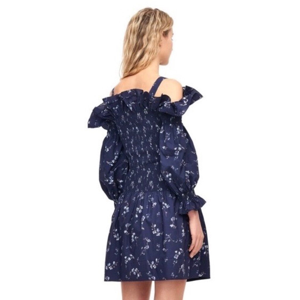 Revolve REBECCA TAYLOR Francine Off Shoulder Dress Floral Smocked Navy Blue 0