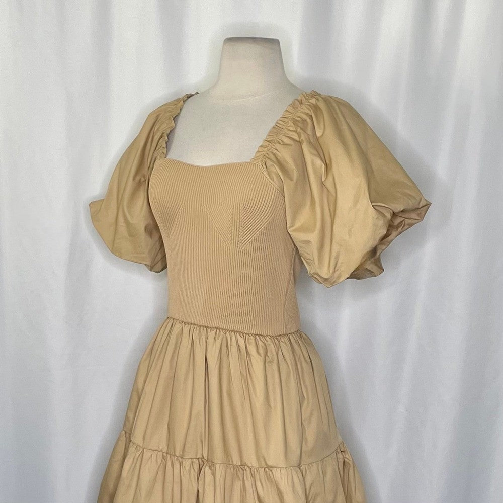 NWT! ENDLESS ROSE Mix Media Mini Dress Latte Brown Puff Sleeves Corset Bodice XS