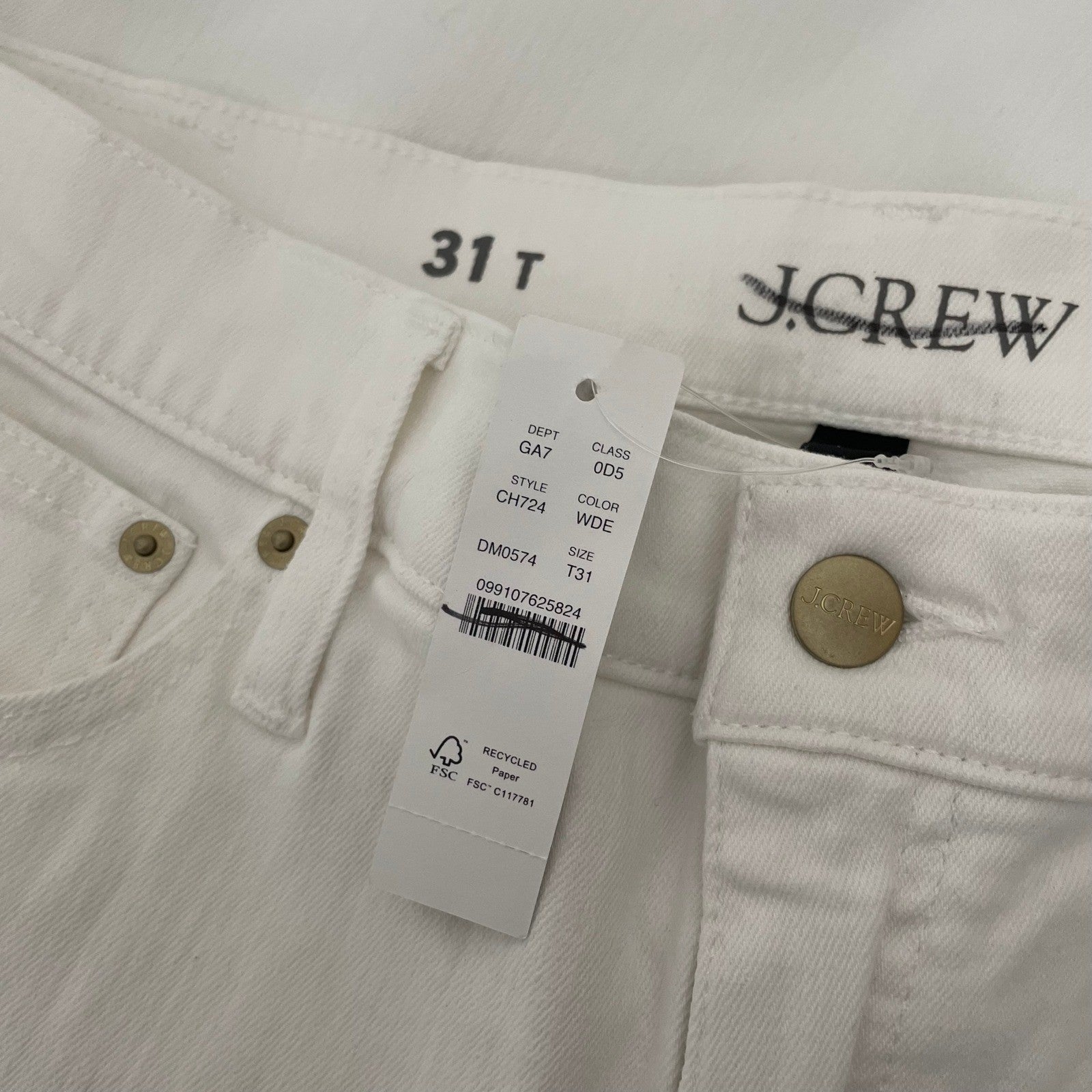 NWT!! J. CREW Tall Slim Straight '96 Retro Denim Jeans Solid White 31 Tall 31T