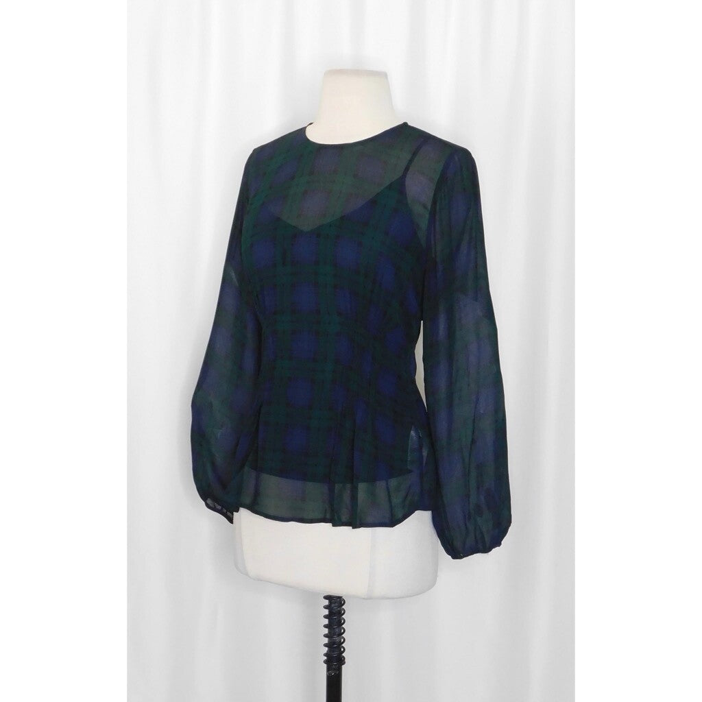 NEW!! J. CREW Chiffon Shirred-Waist Top Black Watch Tartan Plaid Copper Green 2