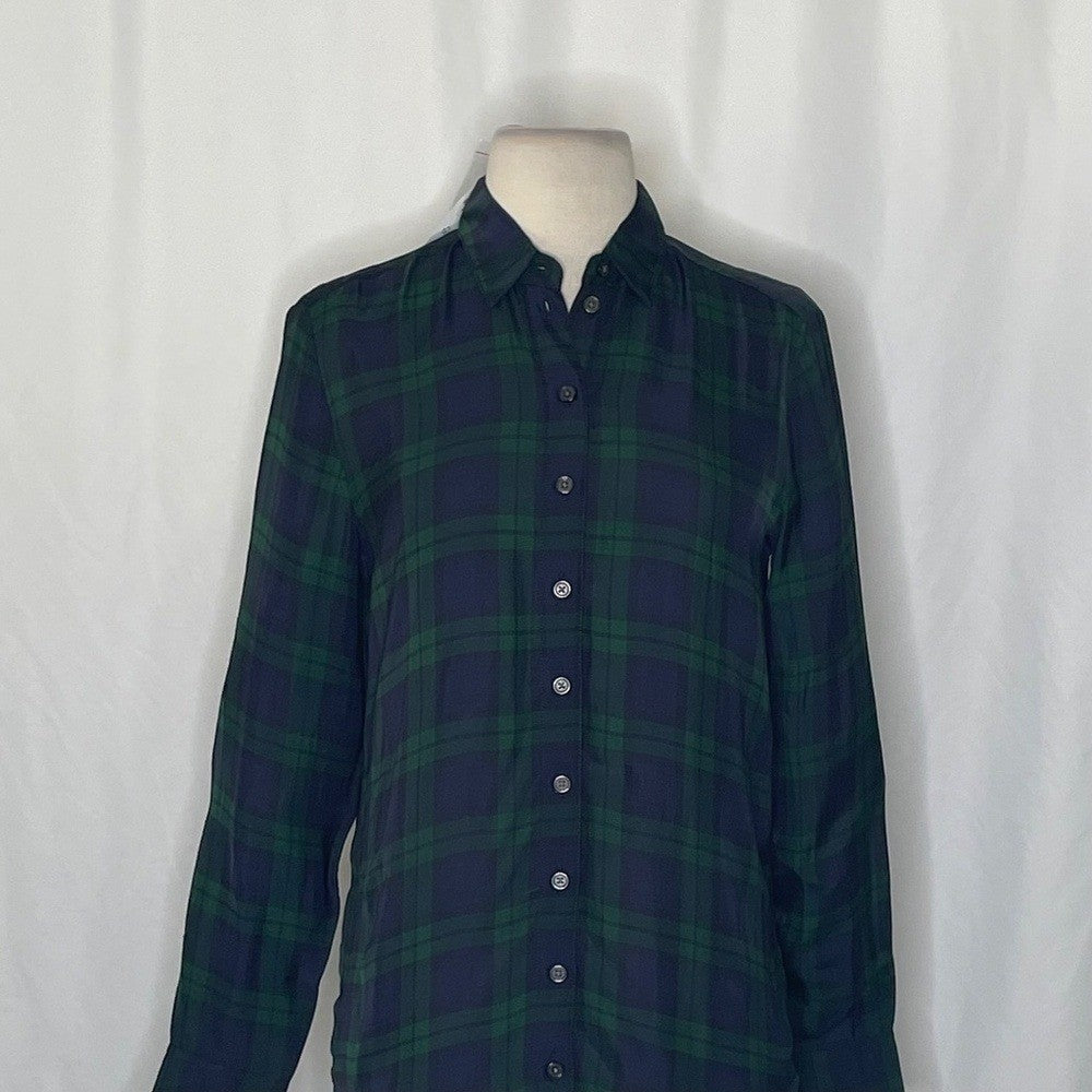 NWT!! J. CREW Drapey Button-Up Shirt Black Watch Tartan Plaid XXS XX-Small