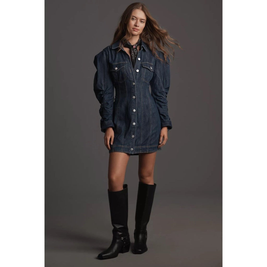 NWT! Anthropologie PILCRO Long-Sleeve Button-Front Seamed Denim Mini Dress Small