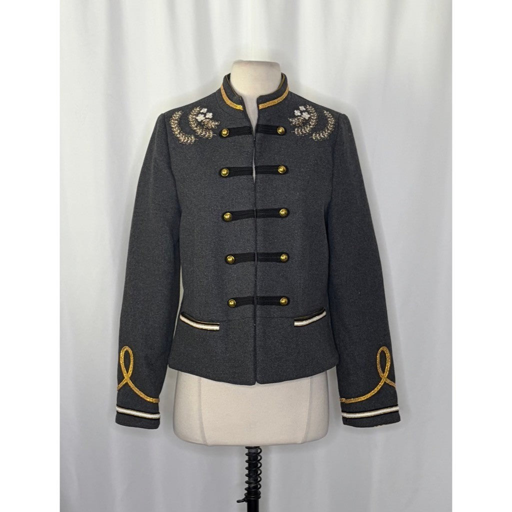 NWT!! ZARA Embroidered Military Jacket Charcoal Gray Gold Braid Buttons Large