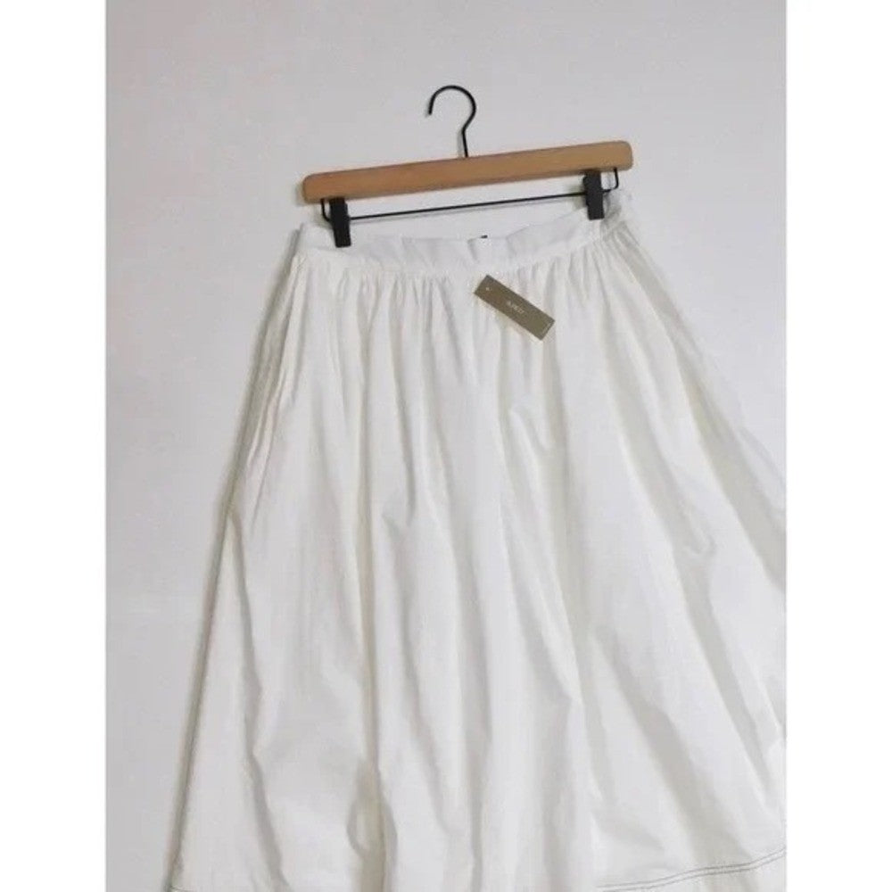 NWT!! J. CREW Contrast-Stitch Midi Skirt Cotton Poplin Solid White Navy Blue 14