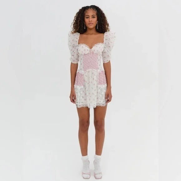 NWT!! FOR LOVE & LEMONS Francine Floral Patchwork Mini Dress Lace Coquette XS