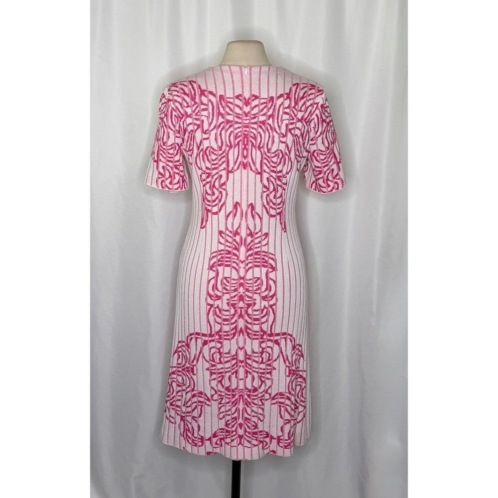 MING WANG Jacquard Rib Dress White Carmine Rose Floral Knit Preppy Office Small