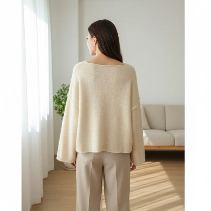 ZARA Bateau Neck Cropped Sweater Wool Solid Ivory Pullover Knit Knitwear Small