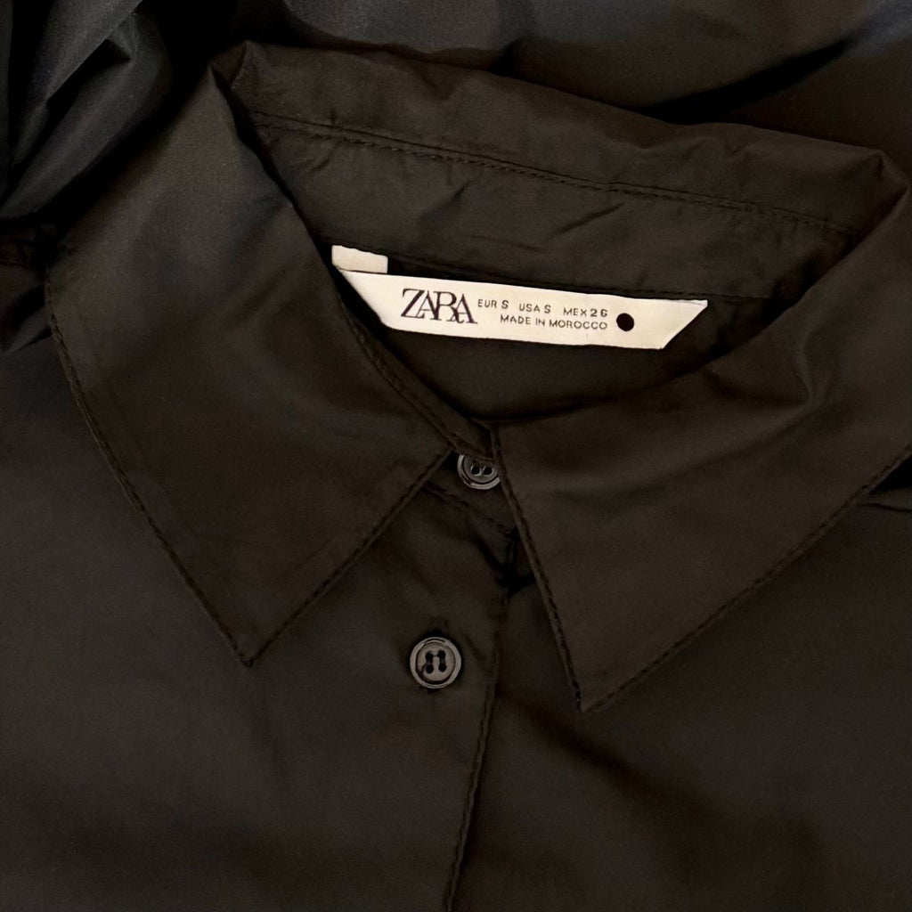 ZARA Black Cropped Pocket Shirt Gathered Long Sleeves Buttondown Solid Small