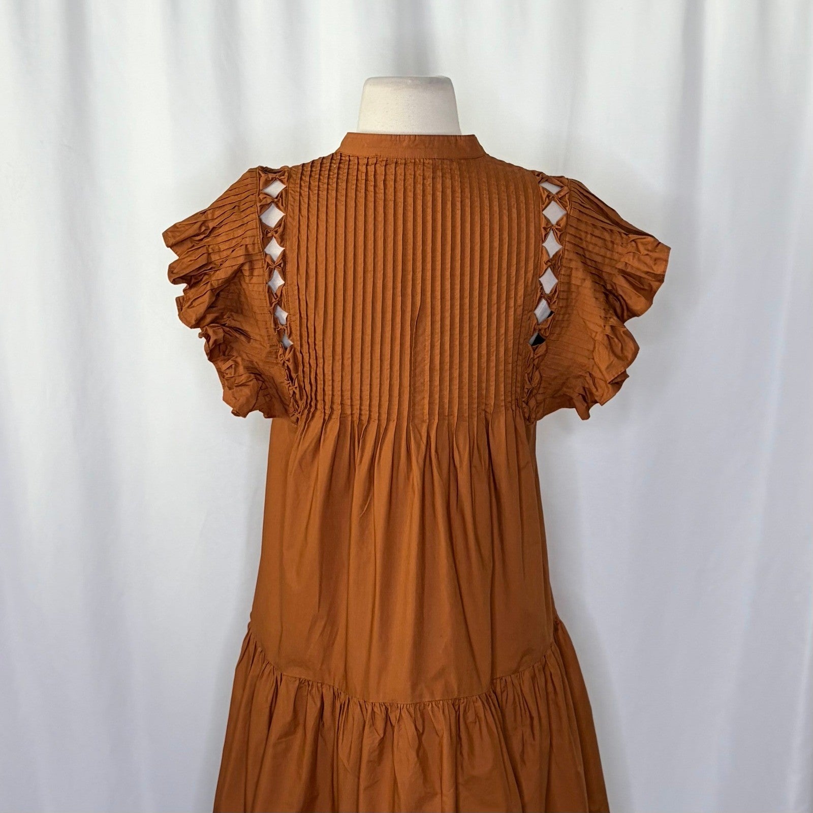 SEA New York Phoebe Ruffled Flutter Sleeve Dress Poplin Pleated Brown Small